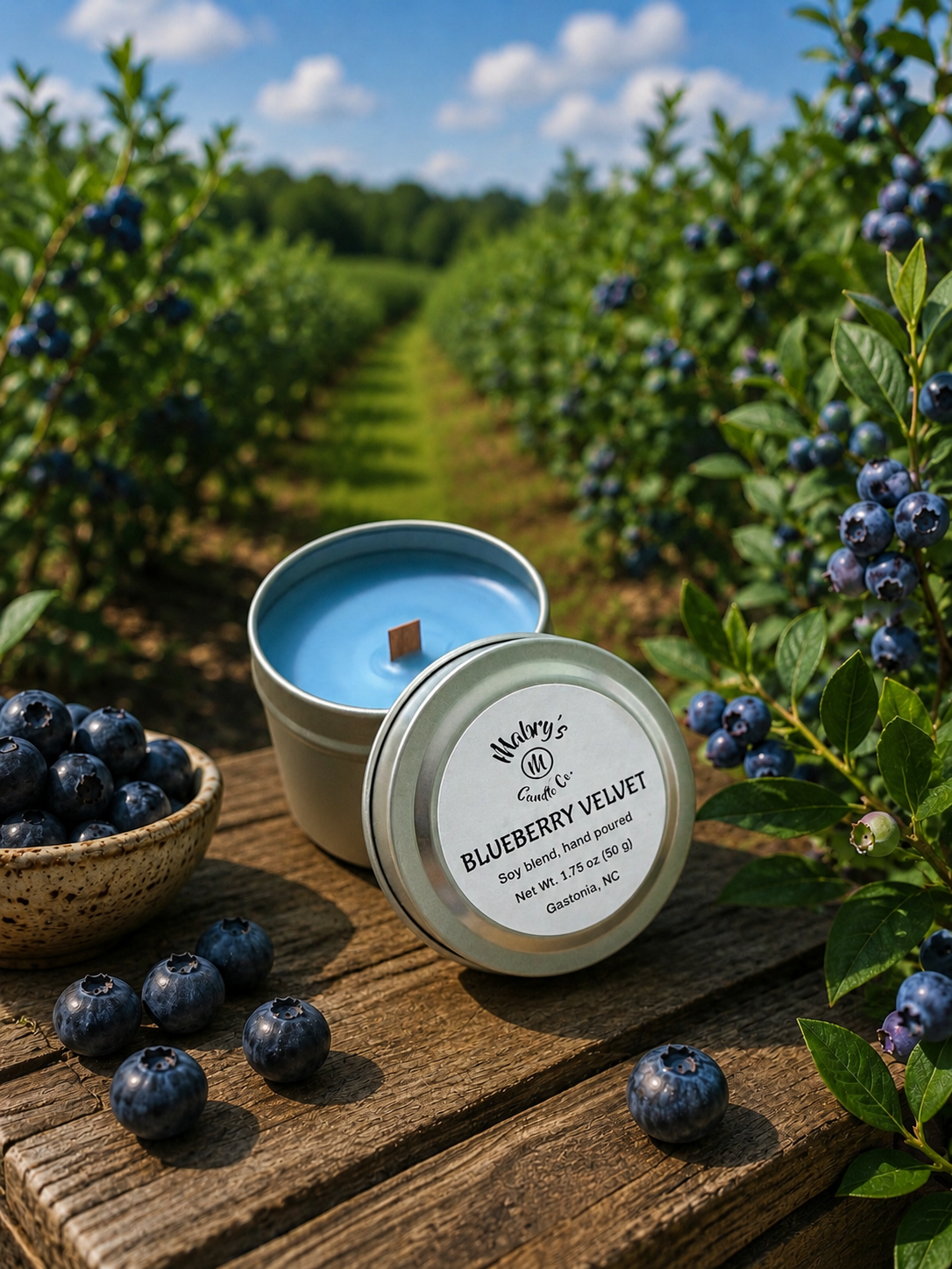 Product photo of a 2 oz candle tin in Blueberry Velvet scent