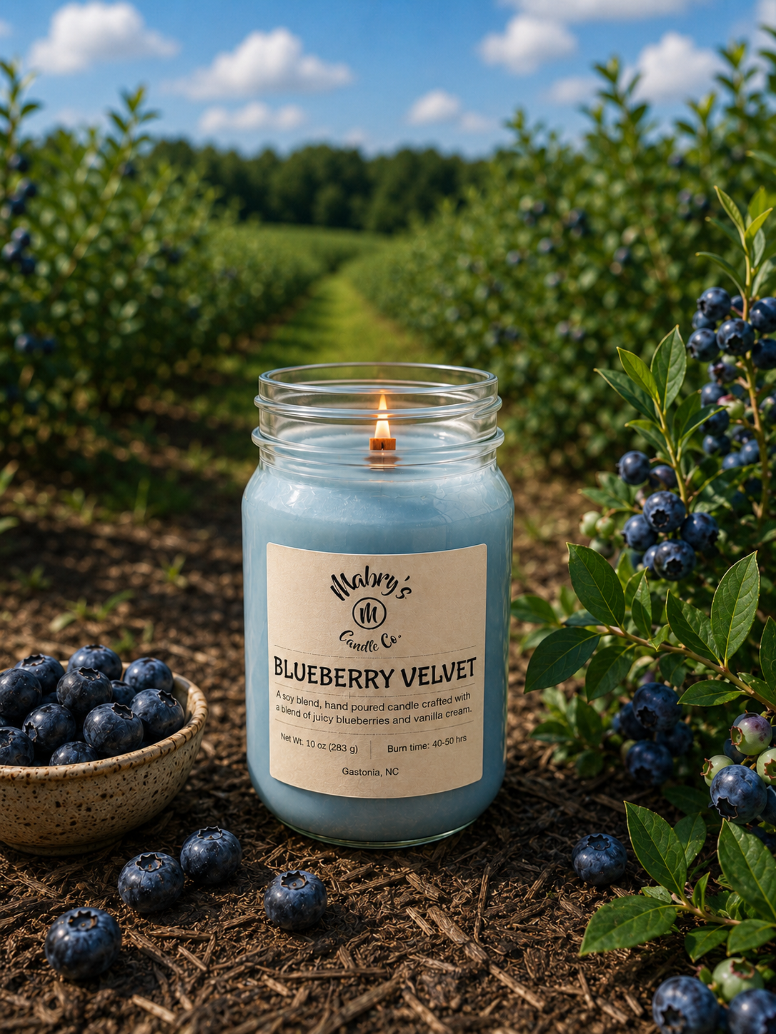 Product photo of a 12 oz canning jar candle in Blueberry Velvet scent