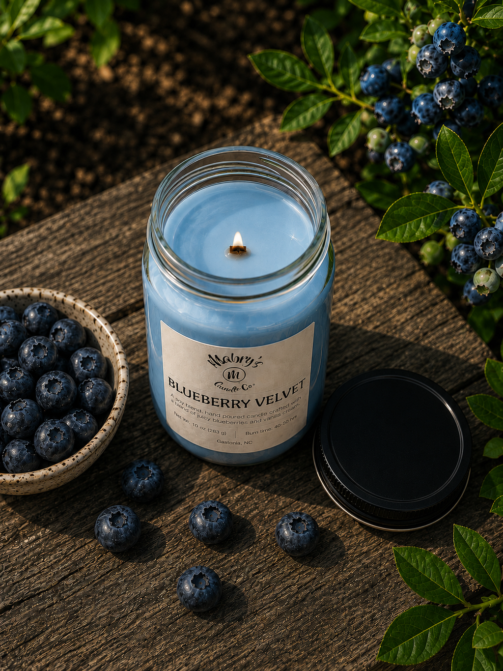 Product photo of a 12 oz canning jar candle in Blueberry Velvet scent