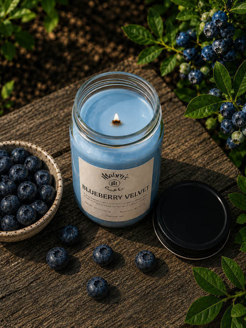 Product photo of a 12 oz canning jar candle in Blueberry Velvet scent