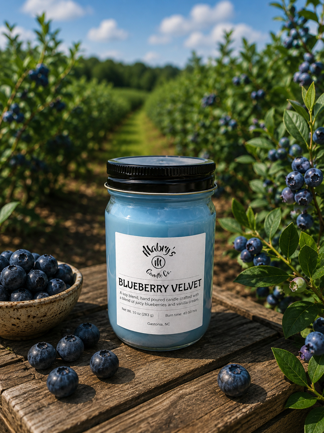 Product photo of a 12 oz canning jar candle in Blueberry Velvet scent