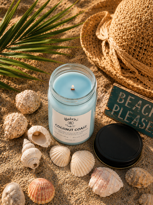 Product photo of a 12 oz canning jar candle in Coconut Coast scent