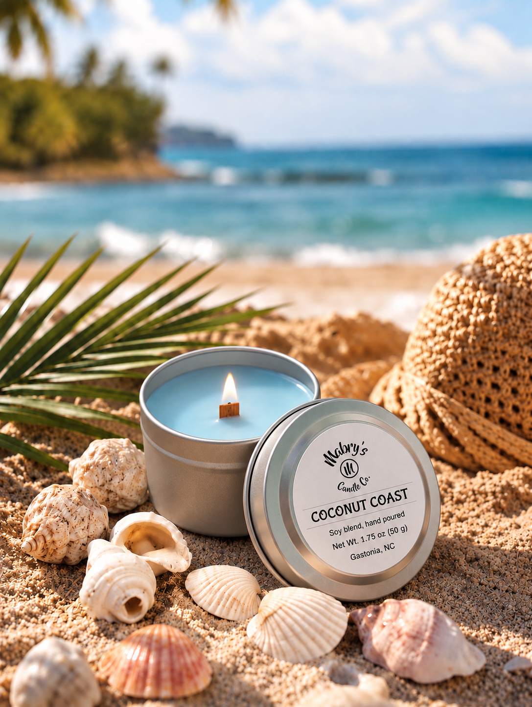 Product photo of a 2 oz candle tin in Coconut Coast scent