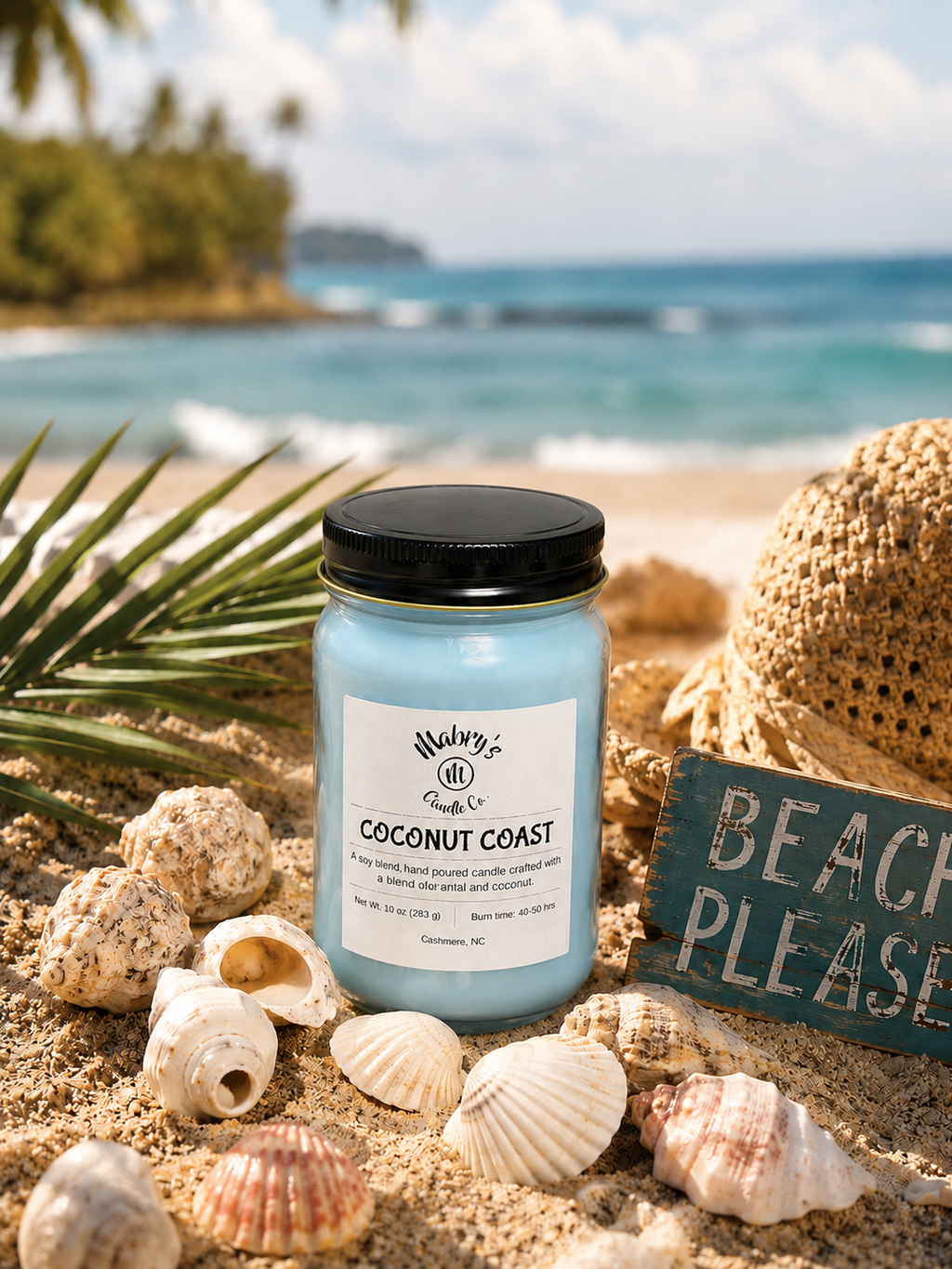 Product photo of a 12 oz canning jar candle in Coconut Coast scent