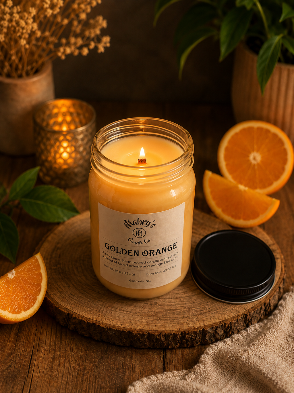Product photo of a 12 oz canning jar candle in Golden Orange scent