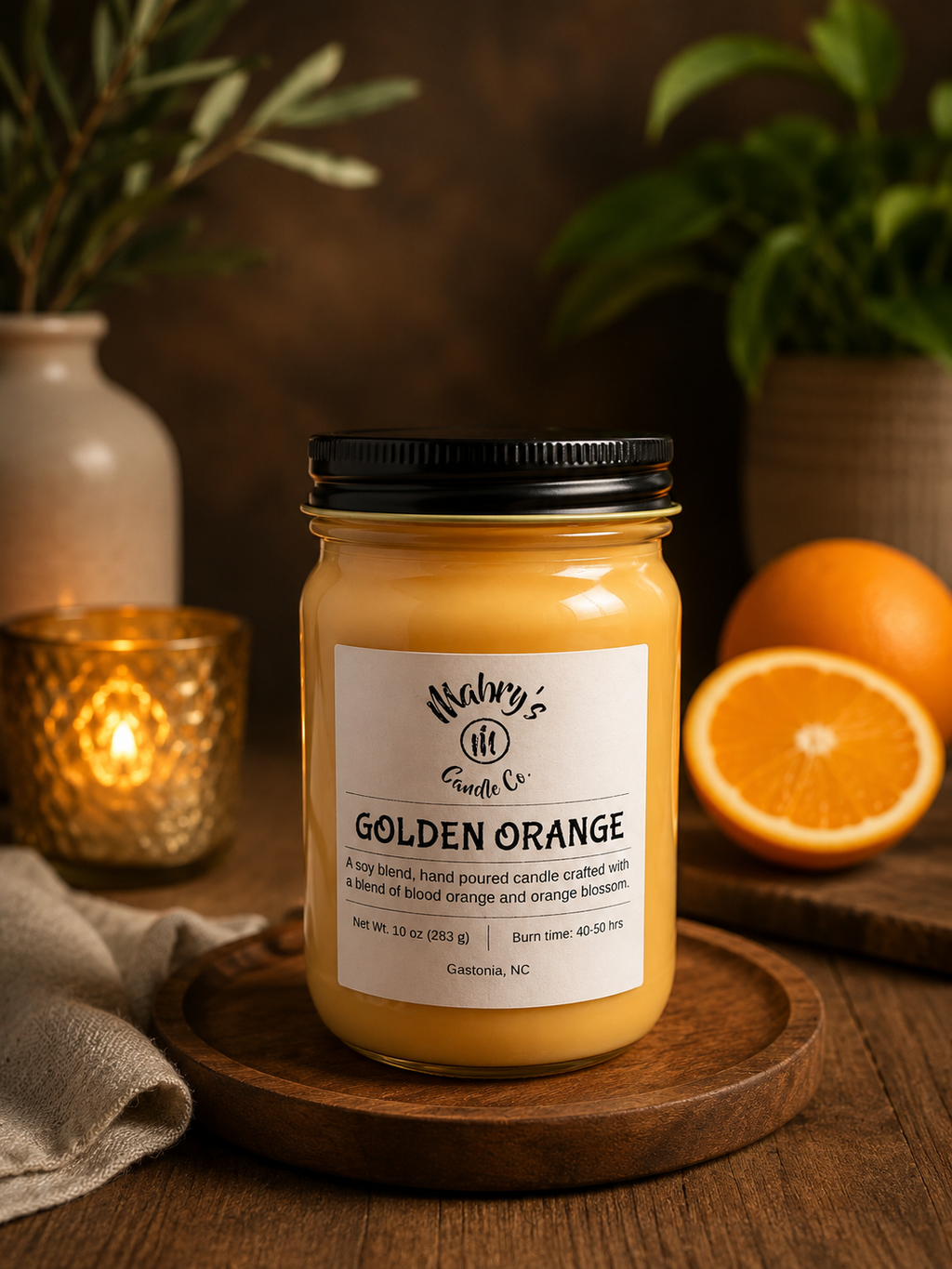 Product photo of a 12 oz canning jar candle in Golden Orange scent