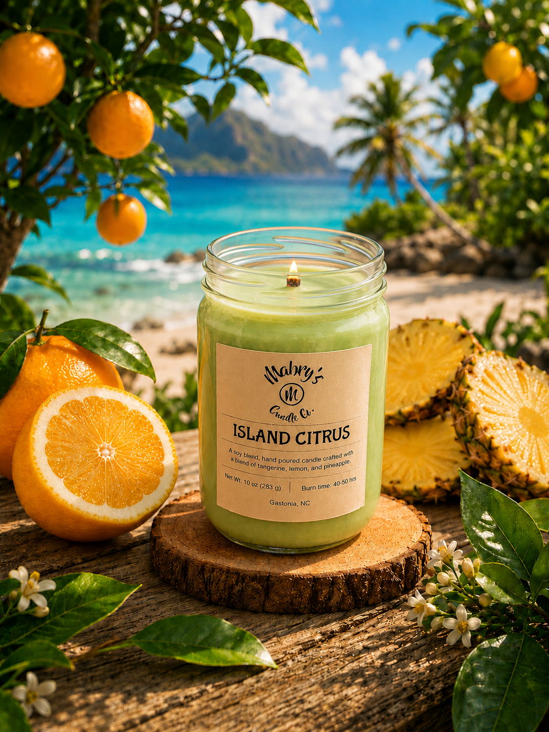 Product photo of a 12 oz canning jar candle in Island Citrus scent