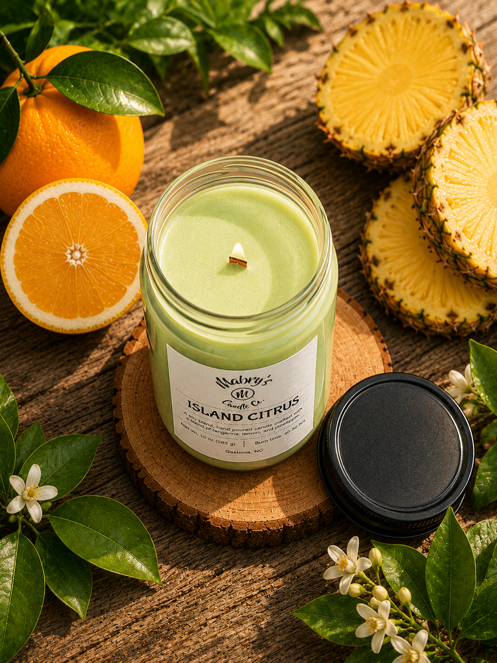 Product photo of a 12 oz canning jar candle in Island Citrus scent