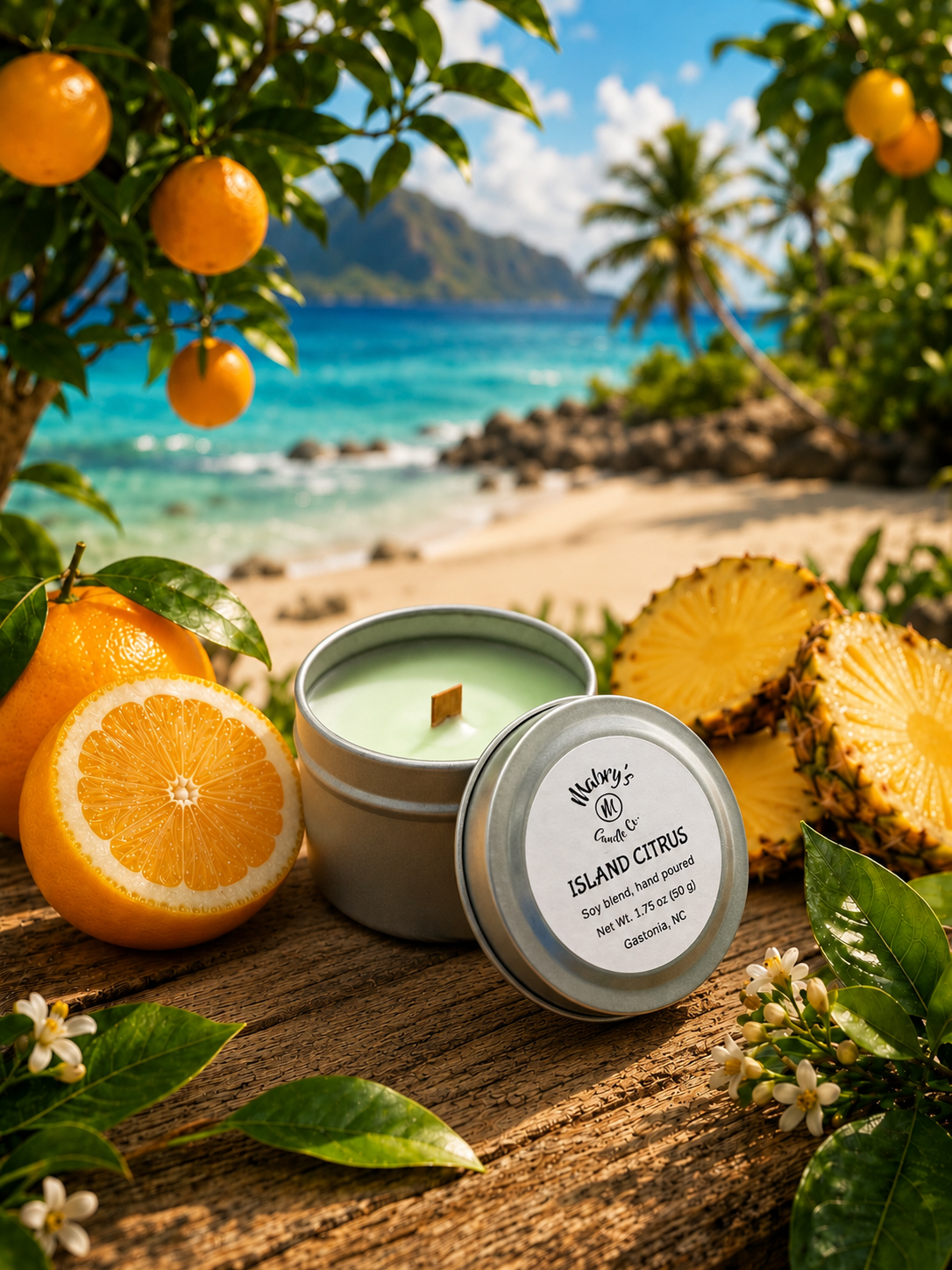Product photo of a 2 oz candle tin in Island Citrus scent