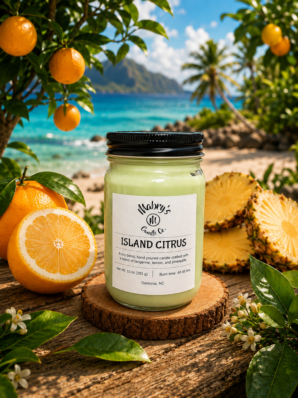 Product photo of a 12 oz canning jar candle in Island Citrus scent