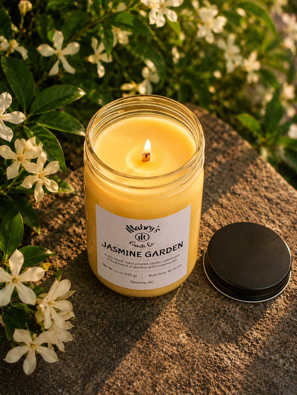 Product photo of a 12 oz canning jar candle in Jasmine Garden scent
