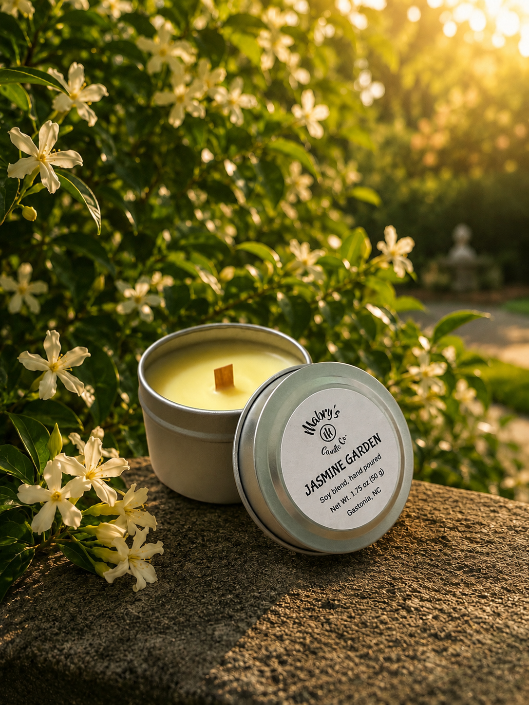 Product photo of a 2 oz candle tin in Jasmine Garden scent