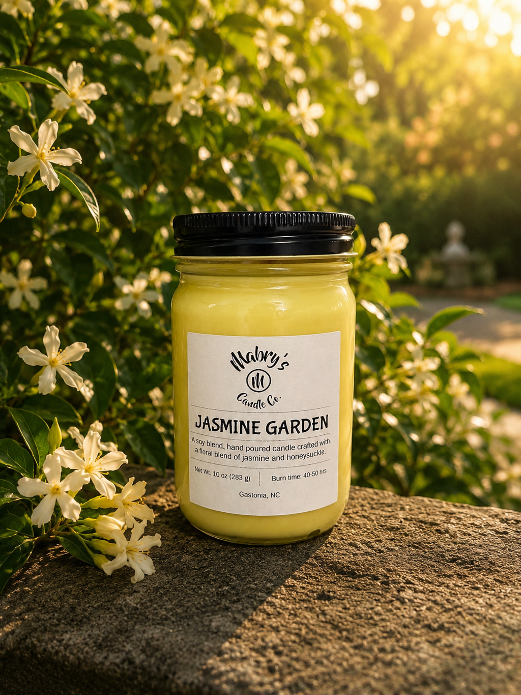 Product photo of a 12 oz canning jar candle in Jasmine Garden scent