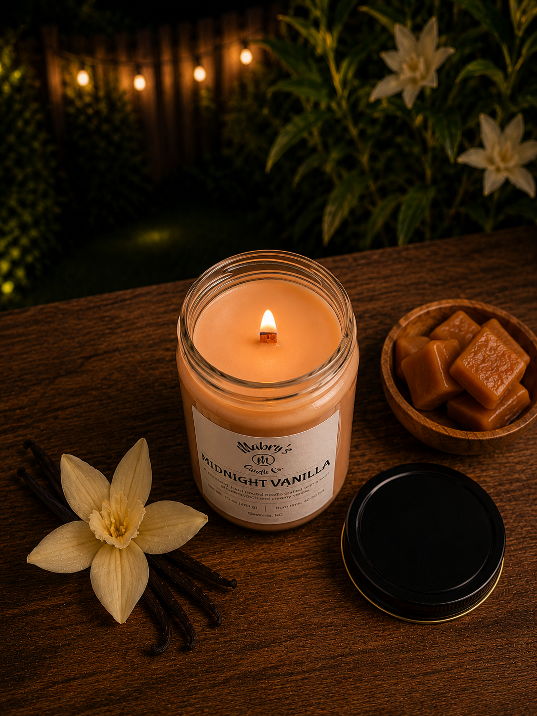 Product photo of a 12 oz canning jar candle in Midnight Vanilla scent