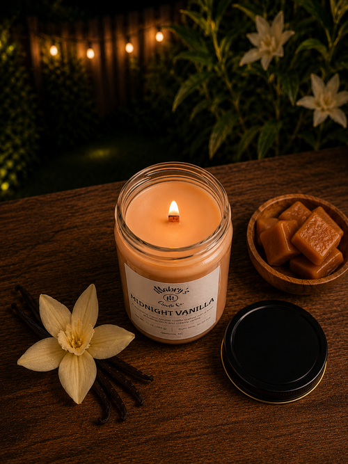 Product photo of a 12 oz canning jar candle in Midnight Vanilla scent