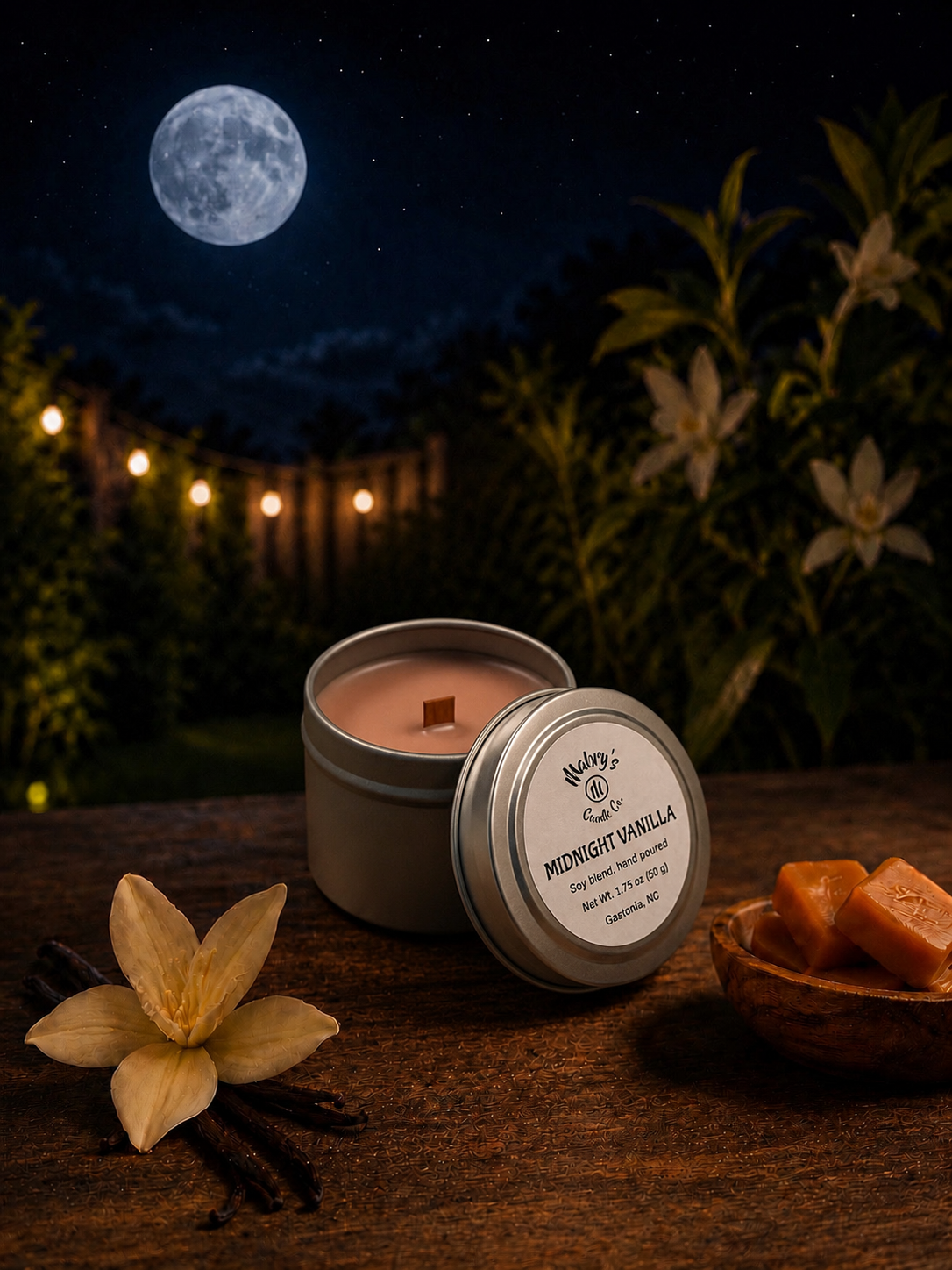 Product photo of a 2 oz candle tin in Midnight Vanilla scent