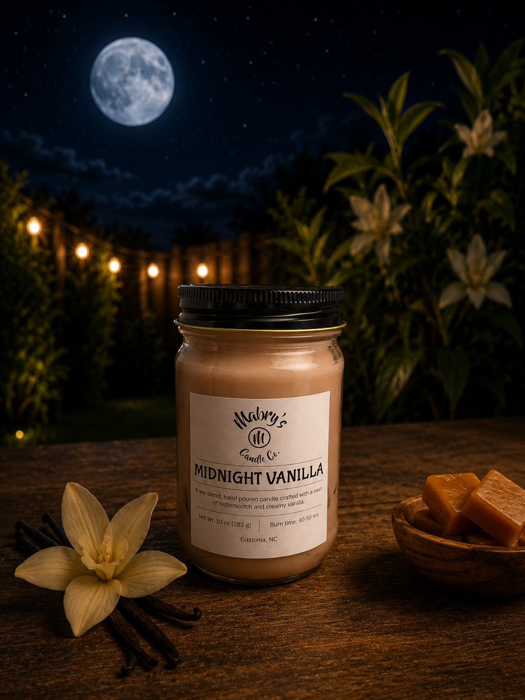 Product photo of a 12 oz canning jar candle in Midnight Vanilla scent
