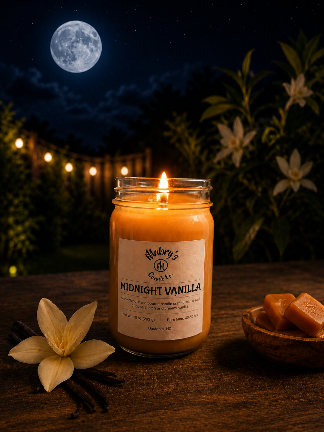 Product photo of a 12 oz canning jar candle in Midnight Vanilla scent