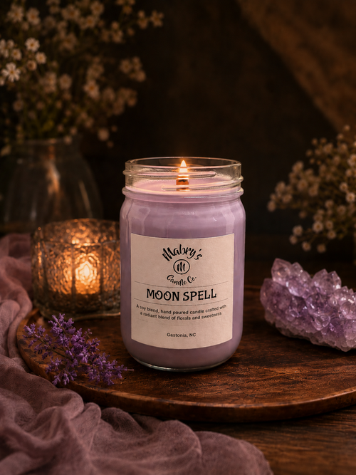 Product photo of a 12 oz canning jar candle in Moon Spell scent