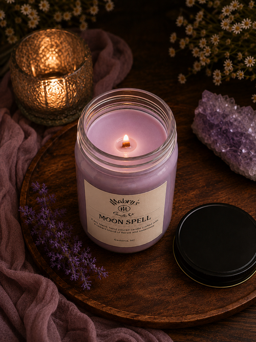 Product photo of a 12 oz canning jar candle in Moon Spell scent