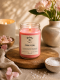 Product photo of a 12 oz canning jar candle in Pink Petal scent
