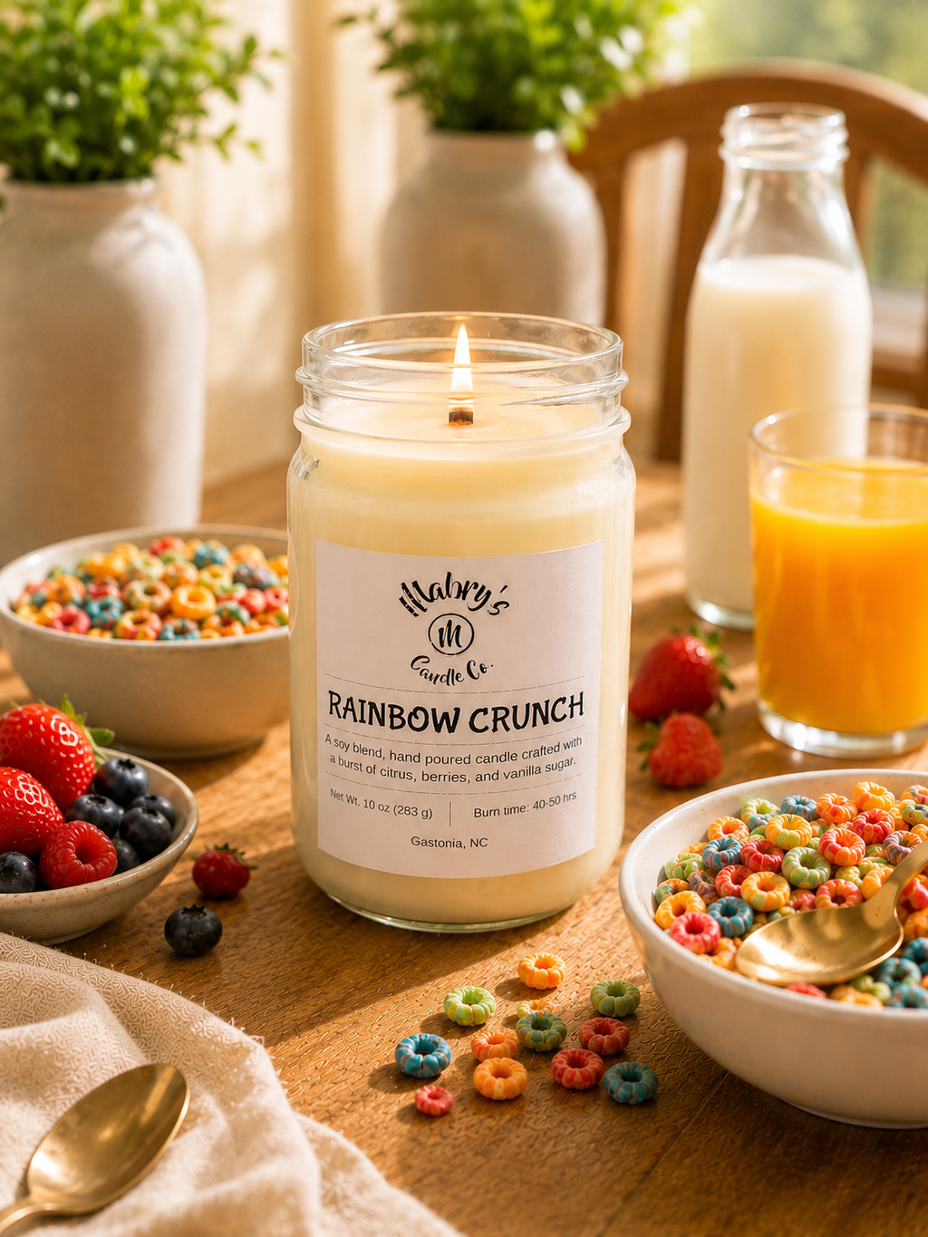 Product photo of a 12 oz canning jar candle in Rainbow Crunch scent