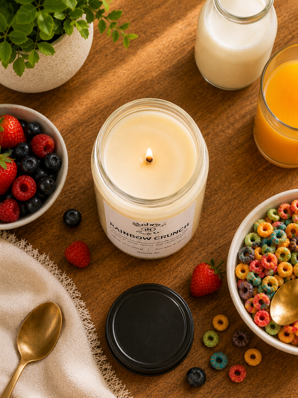Product photo of a 12 oz canning jar candle in Rainbow Crunch scent