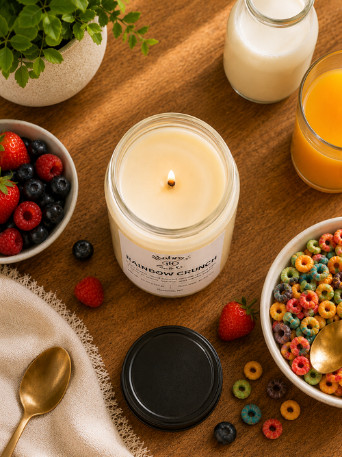 Product photo of a 12 oz canning jar candle in Rainbow Crunch scent
