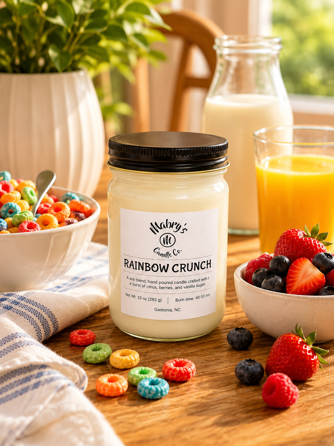 Product photo of a 12 oz canning jar candle in Rainbow Crunch scent