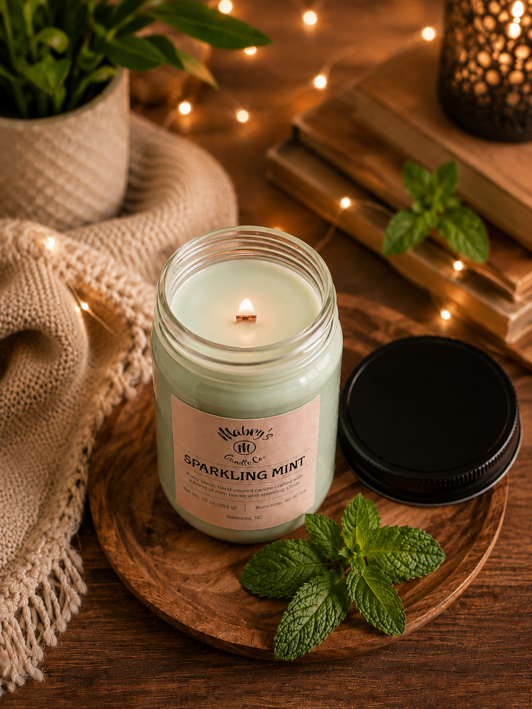Product photo of a 12 oz canning jar candle in Sparkling Mint scent