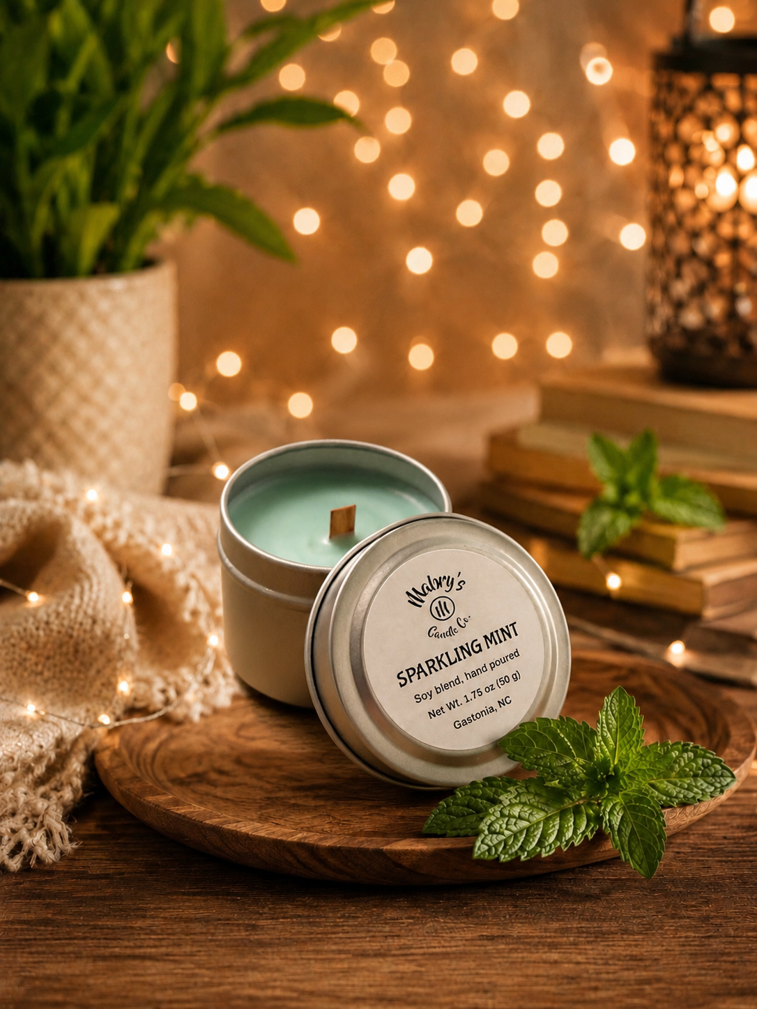 Product photo of a 2 oz candle tin in Sparkling Mint scent