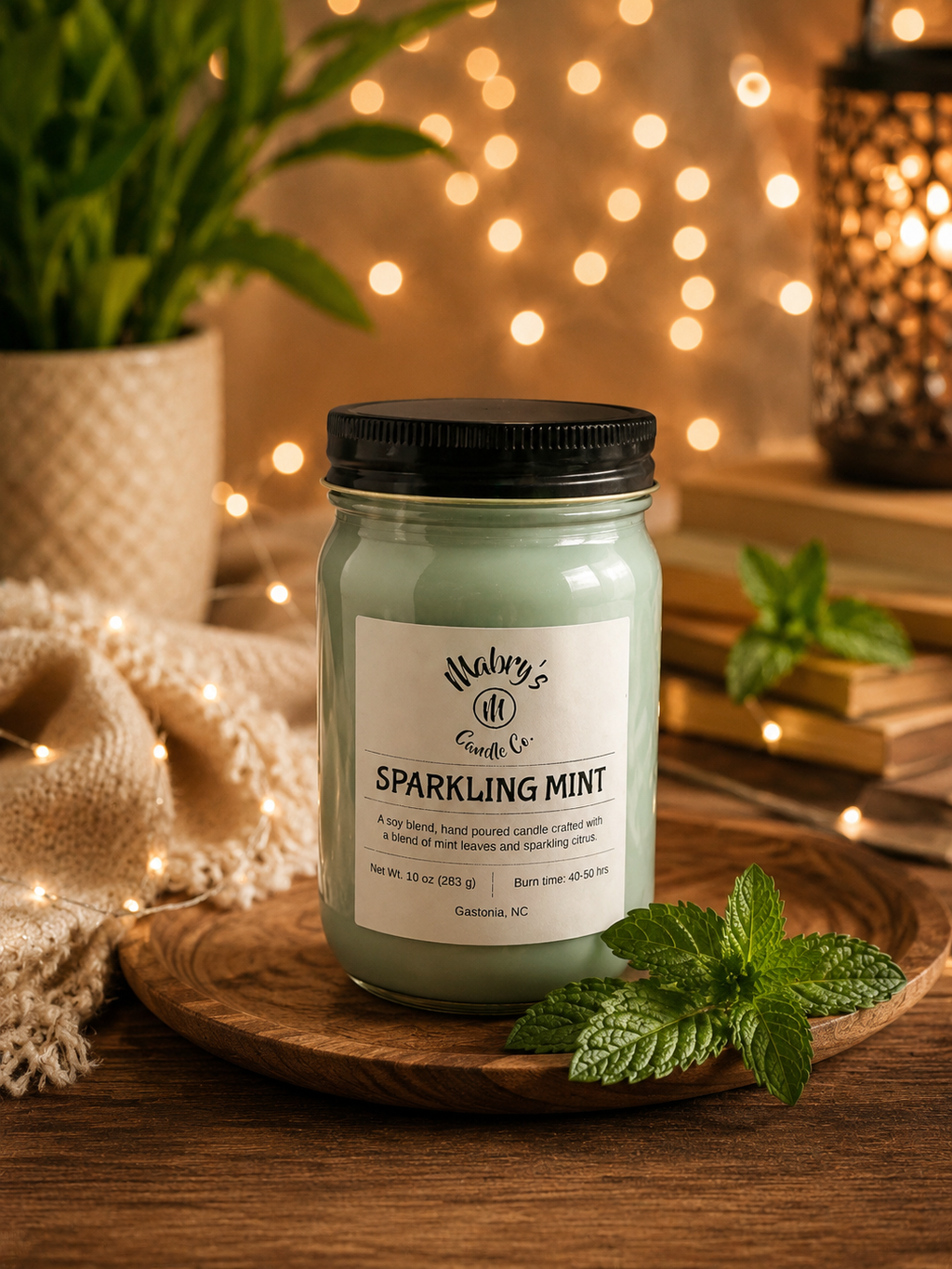 Product photo of a 12 oz canning jar candle in Sparkling Mint scent