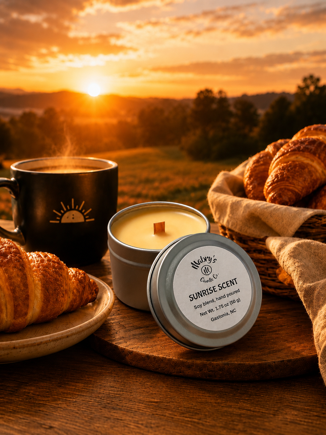 Product photo of a 2 oz candle tin in Sunrise Scent