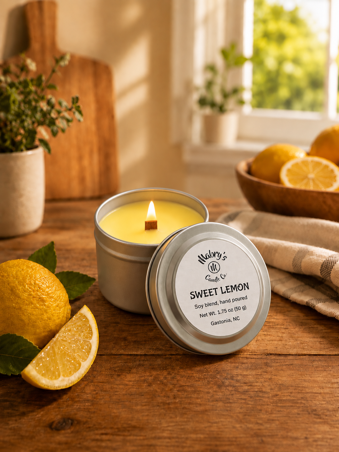 Product photo of a 2 oz candle tin in Sweet Lemon scent