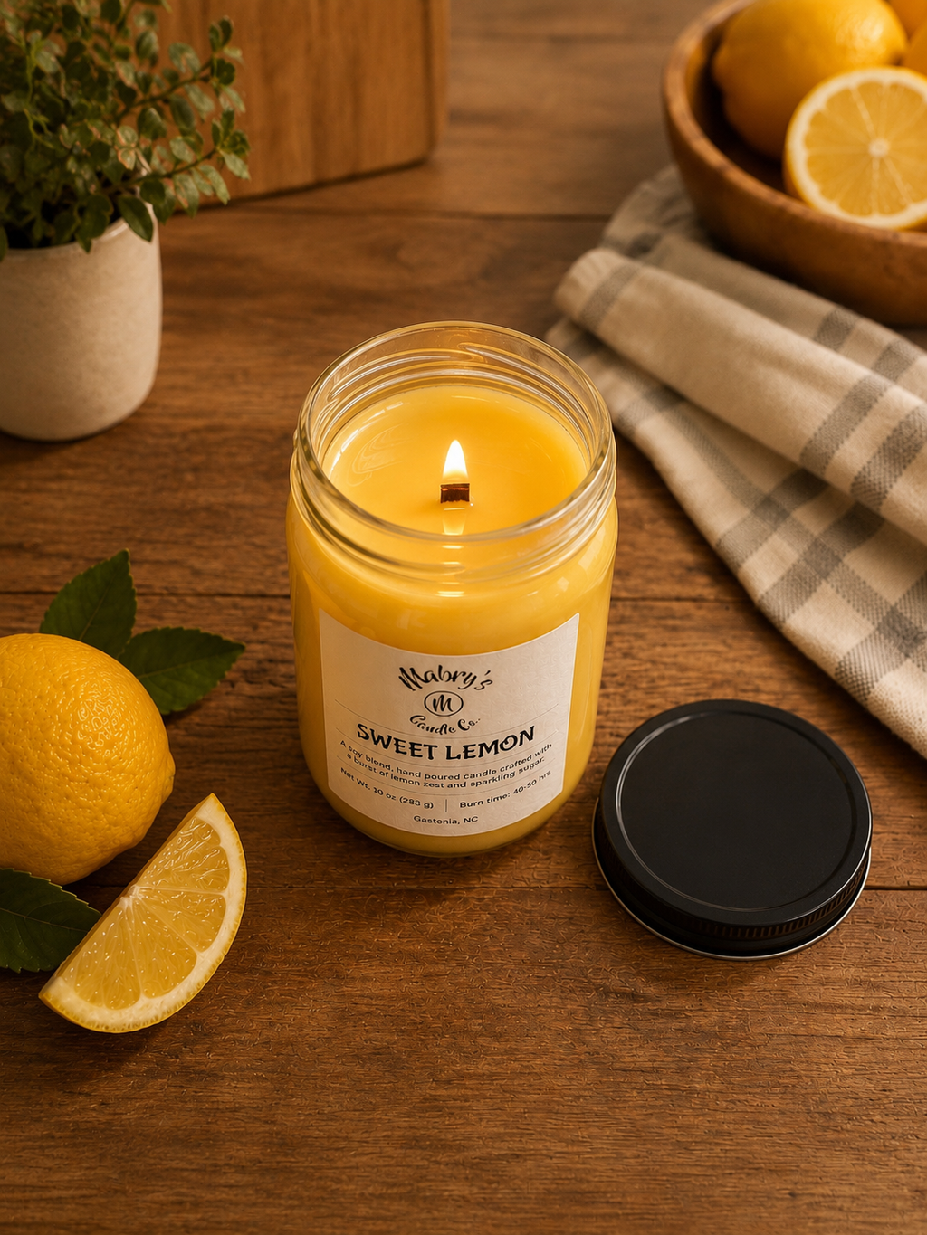 Product photo of a 12 oz canning jar candle in Sweet Lemon scent