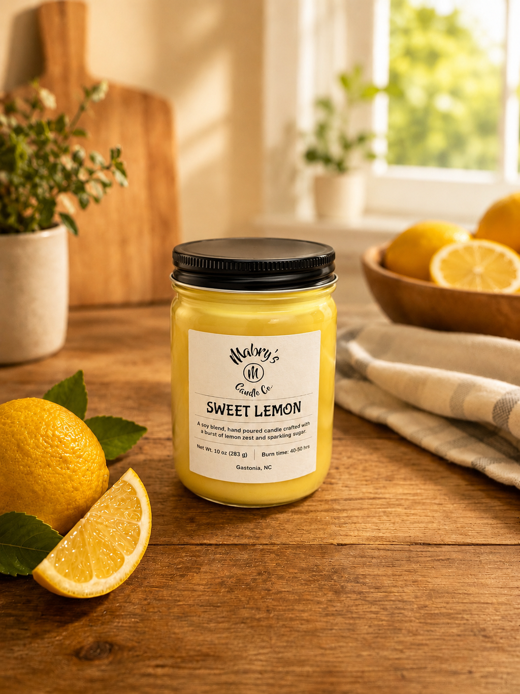 Product photo of a 12 oz canning jar candle in Sweet Lemon scent