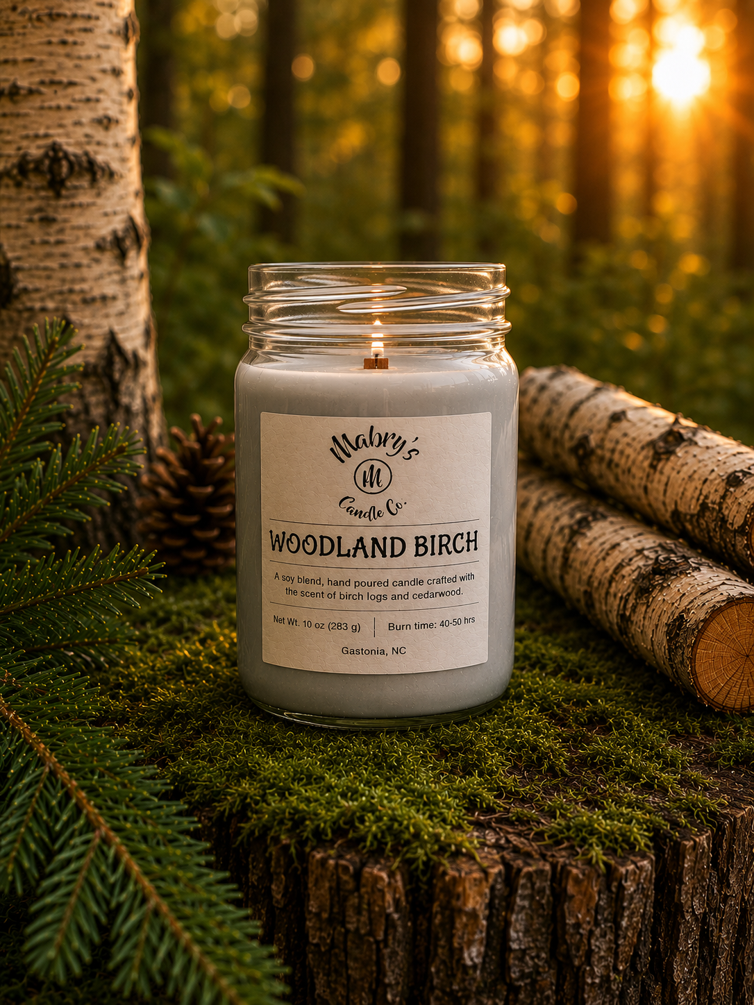 Product photo of a 12 oz canning jar candle in Woodland Birch scent
