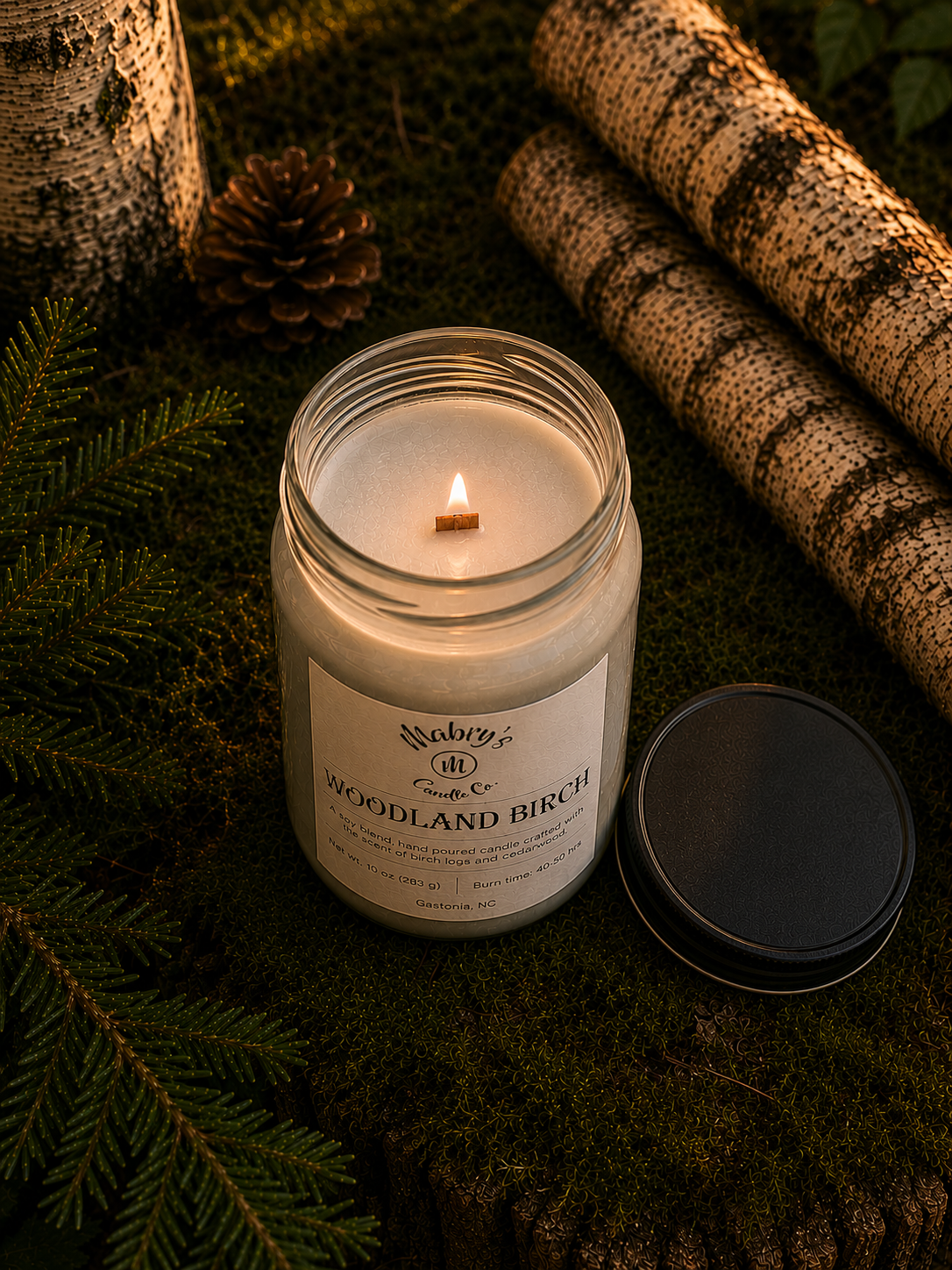 Product photo of a 12 oz canning jar candle in Woodland Birch scent