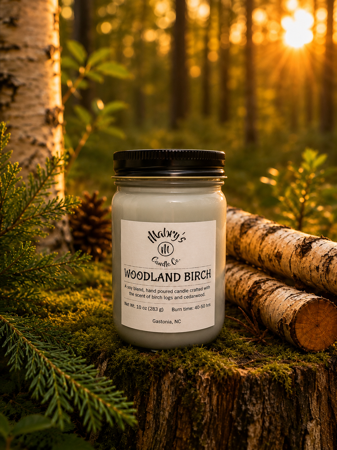 Product photo of a 12 oz canning jar candle in Woodland Birch scent